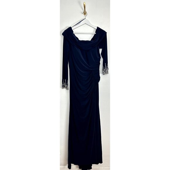 MAC DUGGAL One-Shoulder Long Sleeve Jersey Gown in Midnight Size US 14 - Picture 6 of 15